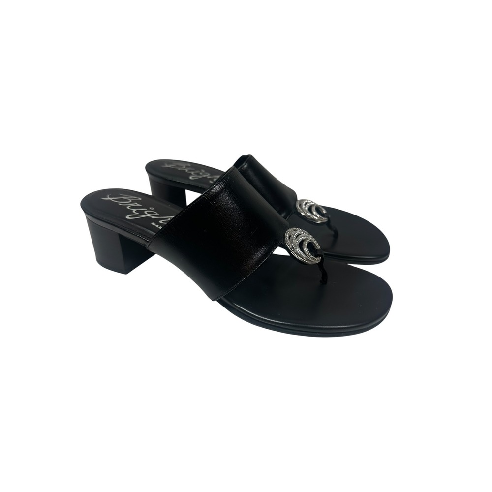 Brighton Katia Black Leather Thong Sandals Block Heel Silver Jeweled Italy 9M
